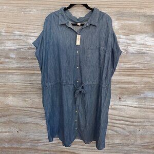 Short-Sleeve Tie-Waist Chambray MIDI Dress - Size 4X